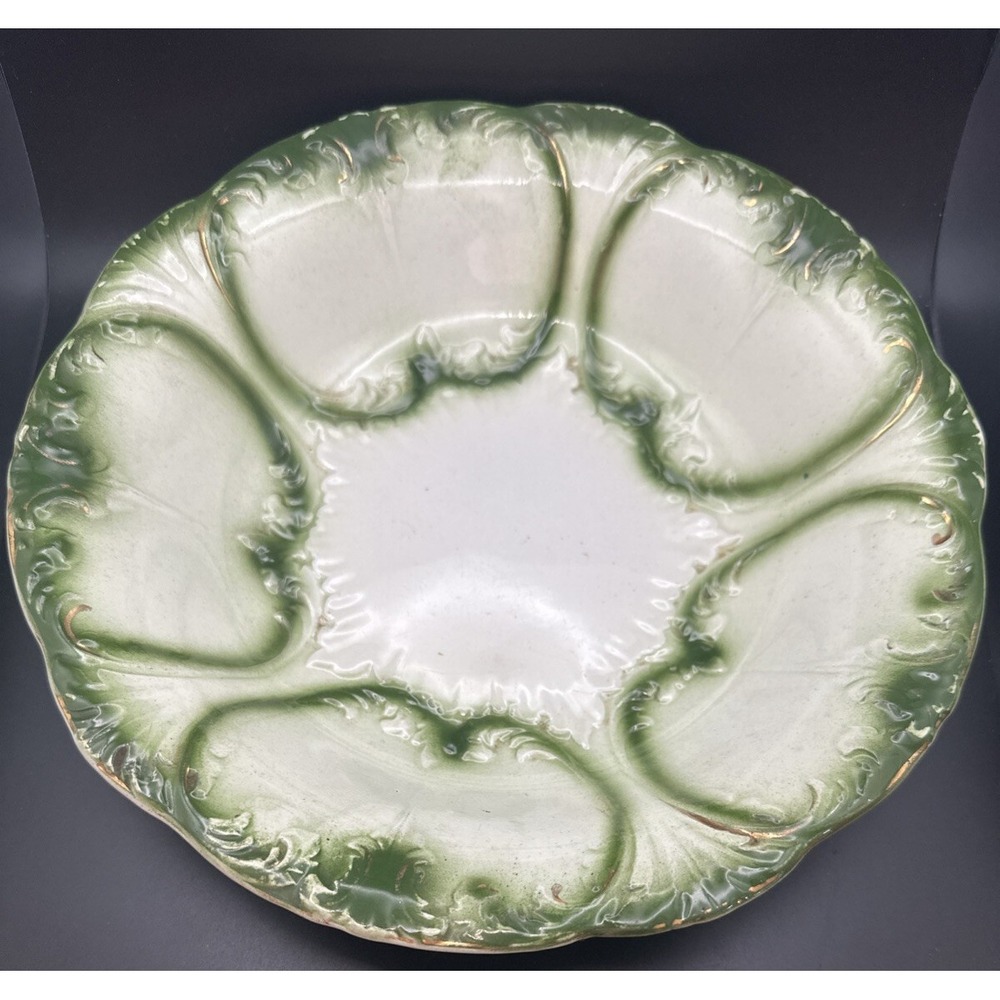 Unbranded Hand Painted Antique Green Bowl 9" w Gold Rim Scalloped Edge Marked
